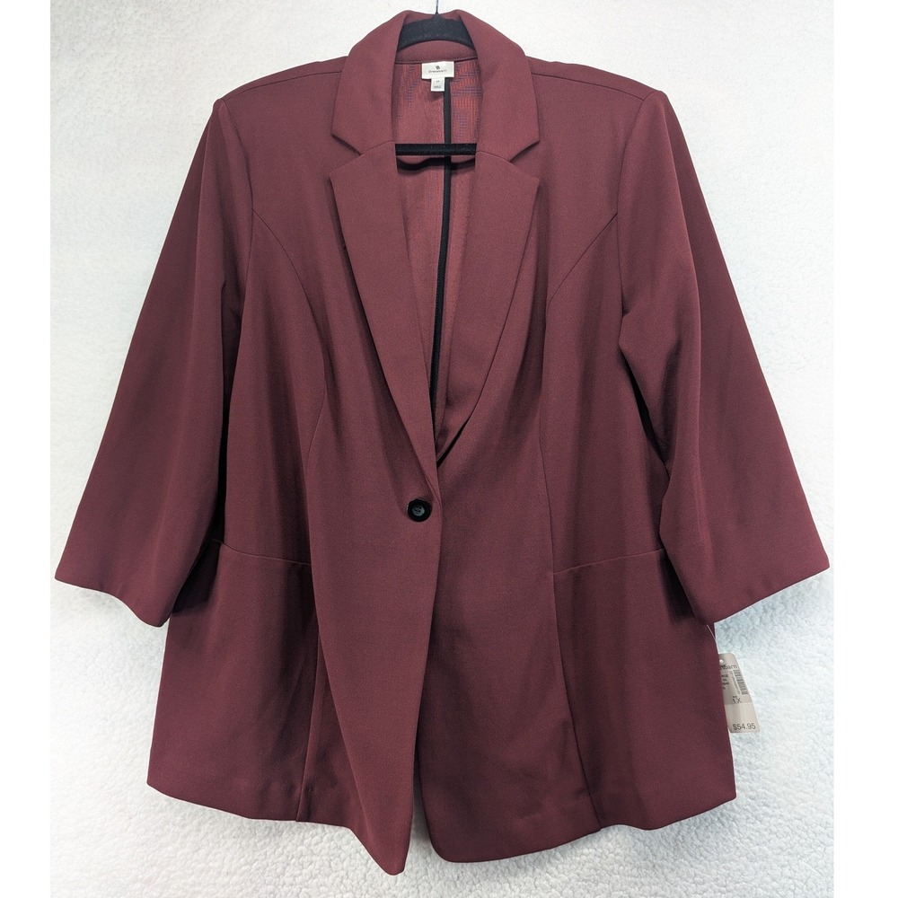 Dressbarn Womens Plus 1X Burgundy 3/4 Sleeve Single Button Notched Lapel Blazer